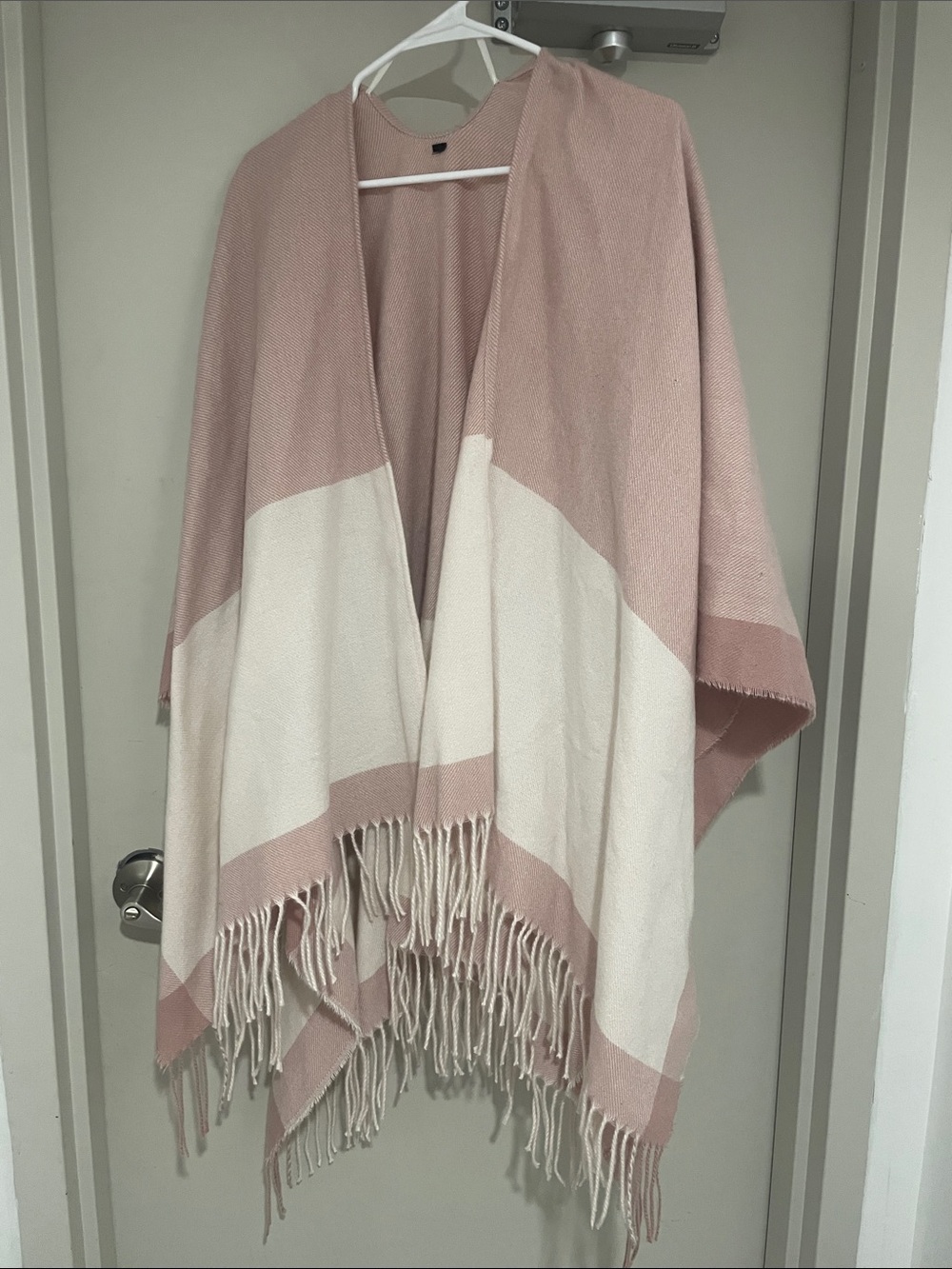 Two-Tone Pink and Cream Open Front Fringe Poncho